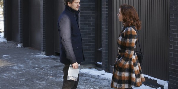 HANNIBAL -- "...and the Woman Clothed with the Sun" Episode 309 -- Pictured: (l-r) Hugh Dancy as Will Graham, Lara Jean Chorostecki as Freddie Lounds -- (Photo by: Ian Watson/NBC)