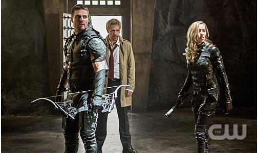 Arrow -- "Haunted" -- Image AR404B_0241b.jpg -- Pictured (L-R): Stephen Amell as The Arrow, Matt Ryan as Constantine and Katie Cassidy as Black Canary -- Photo: Cate Cameron/ The CW -- © 2015 The CW Network, LLC. All Rights Reserved.