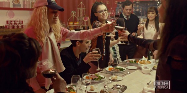 No, you’re not seeing doubles; you’re seeing quadruples. That’s a four-clone scene. Helena (Tatiana Maslany), Cosima (Tatiana Maslany), Alison (Tatiana Maslany), and Sarah (Tatiana Maslany) are toasting the Clone Club. Photo by BBC America.